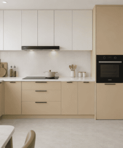 Bếp chữ L màu be Plywood 220
